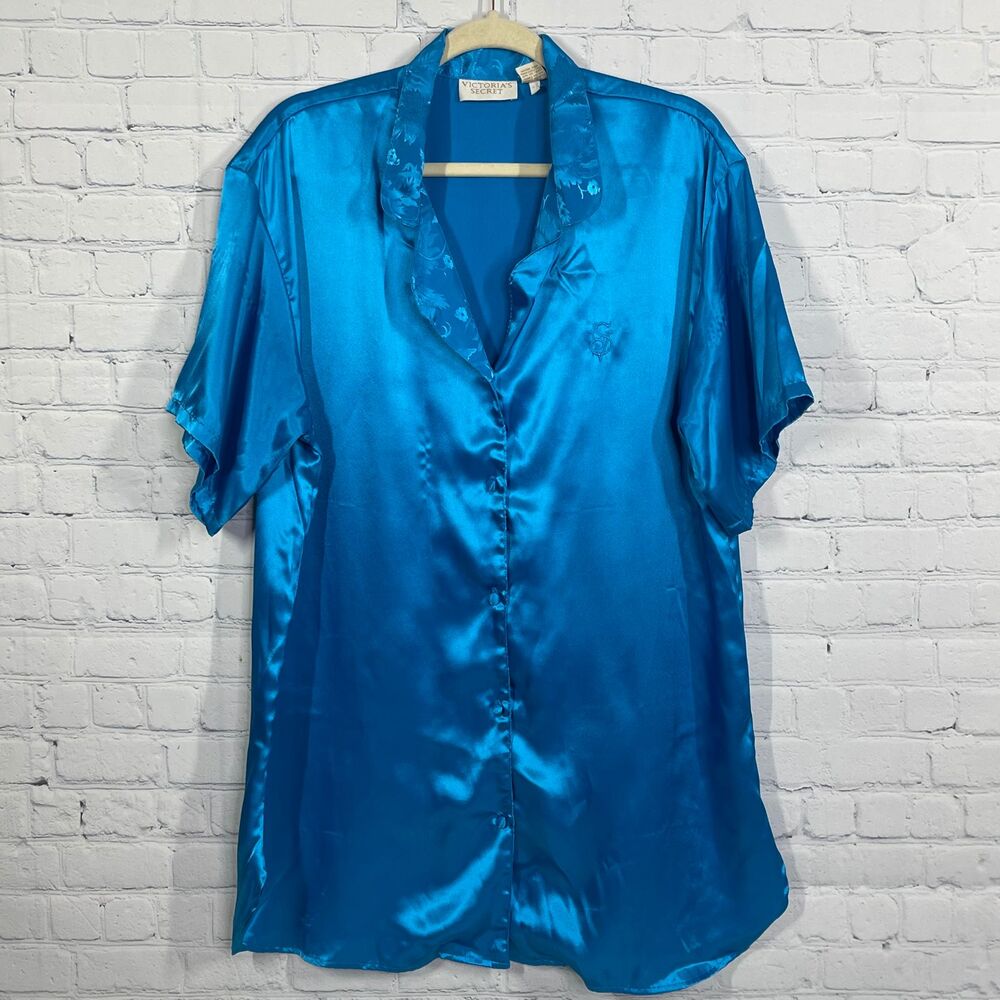 Vintage Victoria's Secret Shirt Women Large Blue Satin Gold Buttons Sleeper Y2K